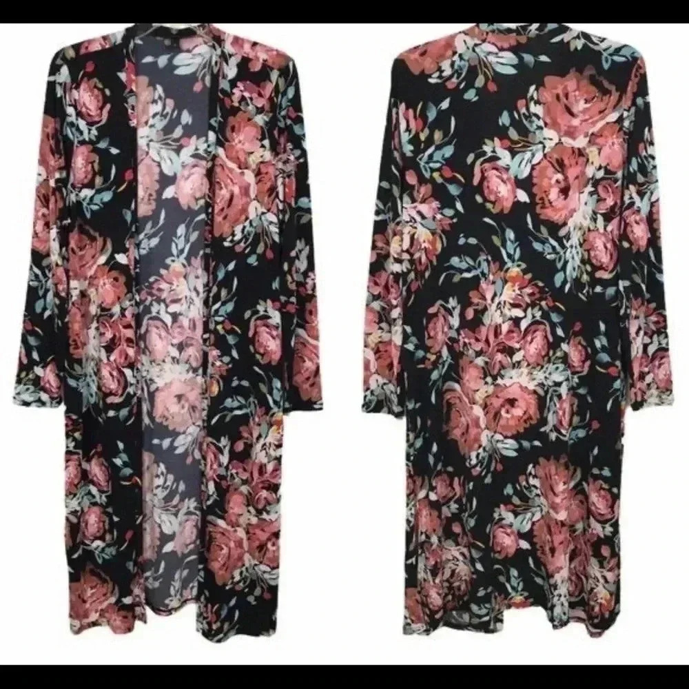 Torrid Black Floral‎ Studio Knit Open Front Longline Cardigan 0